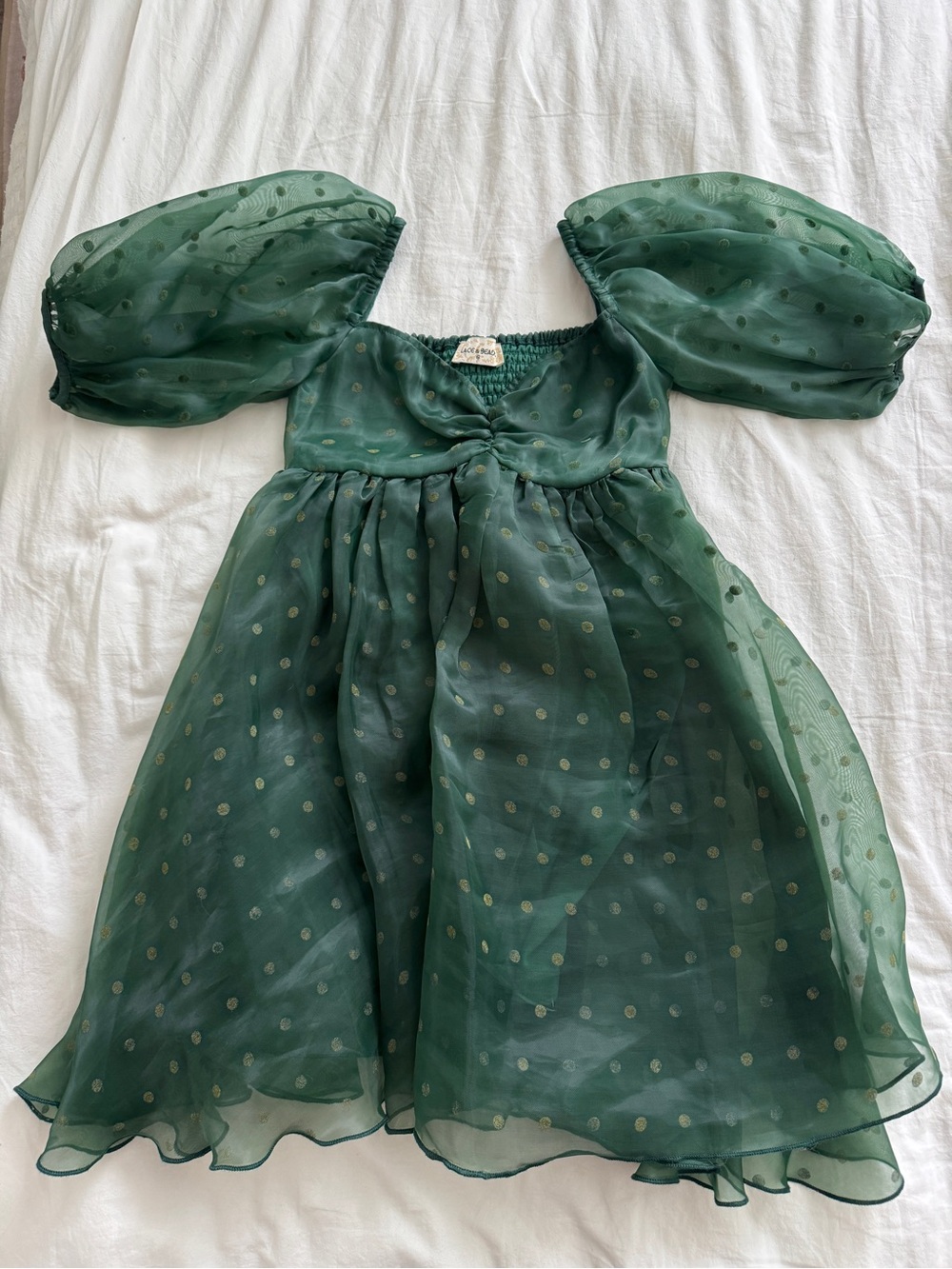 Green Puff Sleeve Polka Dot Chiffon Dress